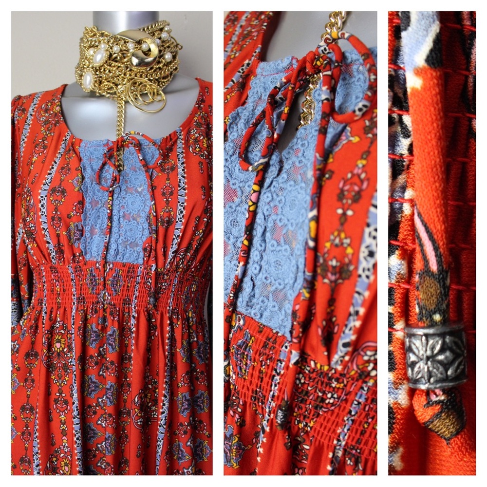 ONE WORLD Bohemian Mixed Floral Tribal Print Midi Dress - Picture 4 of 17